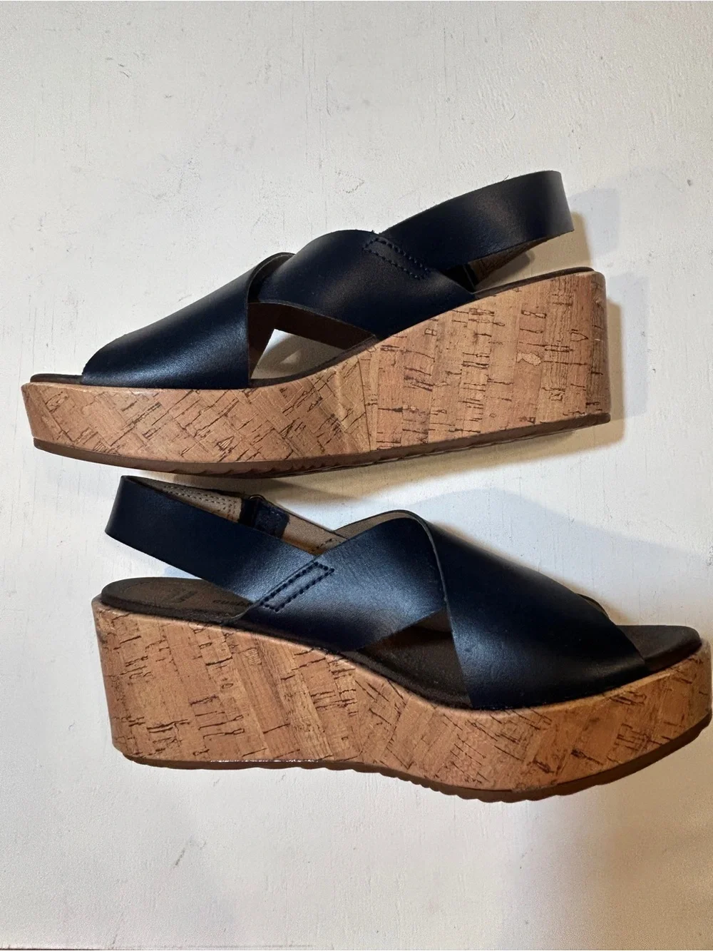 Clarks Collection Cushion Soft Penny Navy Leather Cork Wedge Slingback Size 8